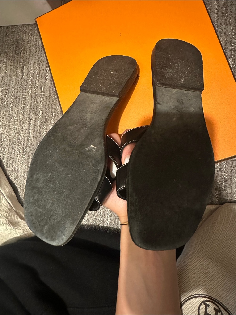 Hermes Black Leather Oran Slide Sandals - Picture 2 of 2